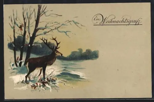 AK Hirsch im Schnee, Weihnachsgruss