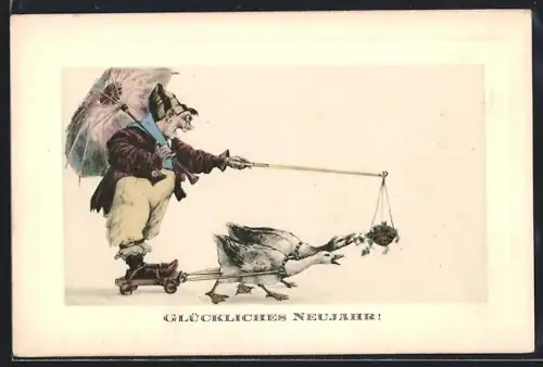 AK Kleiner Wicht mit Schirm lässt sich von Gänsen ziehen, Neujahrsgruss