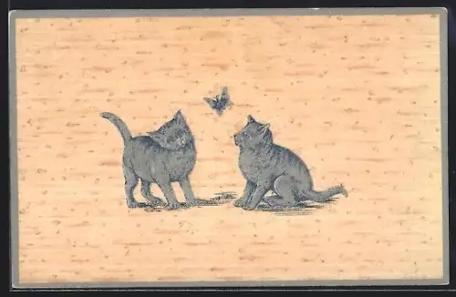 AK Schmetterling flattert zwischen zwei jungen Katzen herum