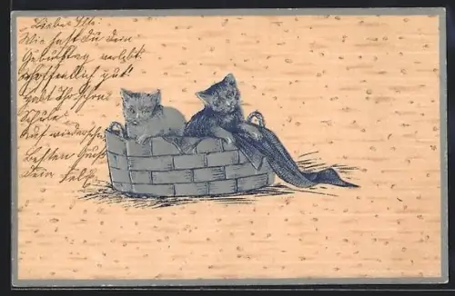 AK Zwei junge Katzen im Spankorb