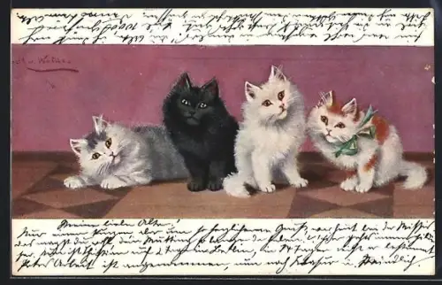 Künstler-AK Vier Kätzchen beim Spielen