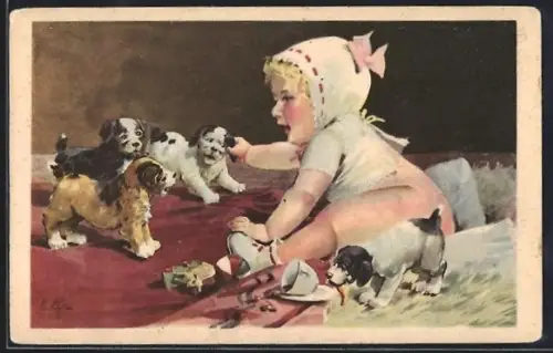 AK Drei Hundewelpen und ein kleines Mädchen