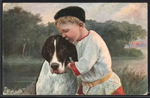 AK Knabe mit Jagdhund an einem Gewässer