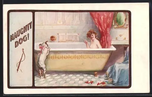AK Hund versucht zu junger Dame in die Wanne zu klettern