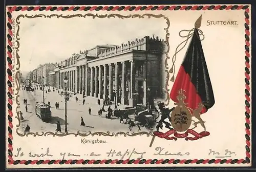 Passepartout-Lithographie Stuttgart, Königsbau mit Strassenbahnen, Wappen