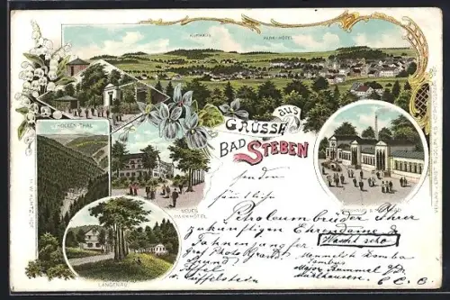 Lithographie Bad Steben, Park-Hotel und Kurhaus, Neues Parkhotel, Moorbad