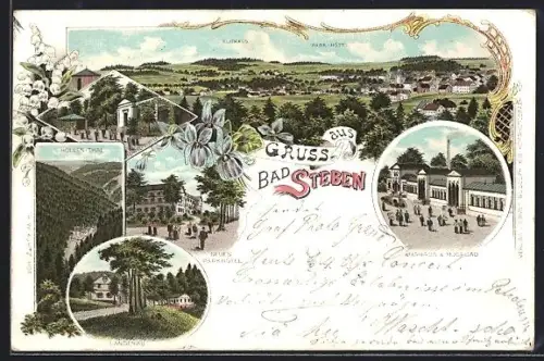Lithographie Bad Steben, Park-Hotel und Kurhaus, Neues Parkhotel, Moorbad