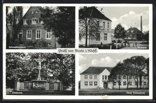 AK Burlo i. Westf., Schwesternhaus, Molkerei, Ehrenmal, Neue Volksschule