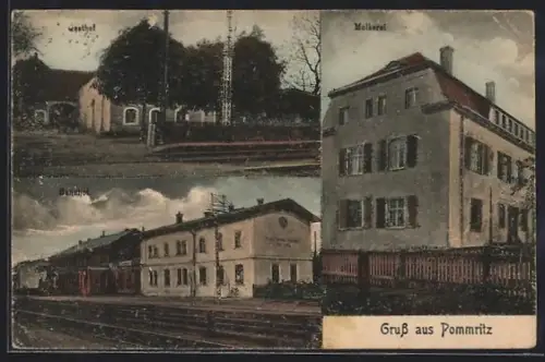 AK Pommritz, Bahnhof, Gasthof, Molkerei