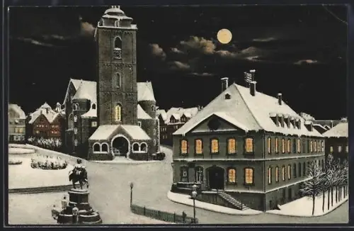 AK Siegen, Nicolaikirche, Rathaus und Kaiser Wilhelm-Denkmal bei Mondschein im Winter
