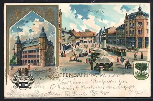 Lithographie Offenbach a. M., Marktplatz mit Ständen, Wappen, Altes Schloss