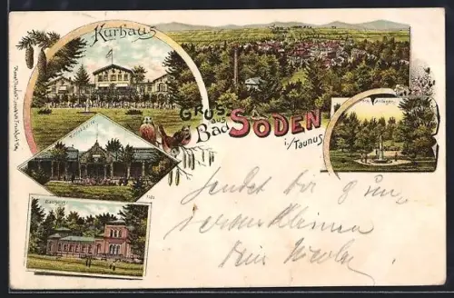 Lithographie Bad Soden i. Taunus, Kurhaus, Trinkhalle, Badhaus