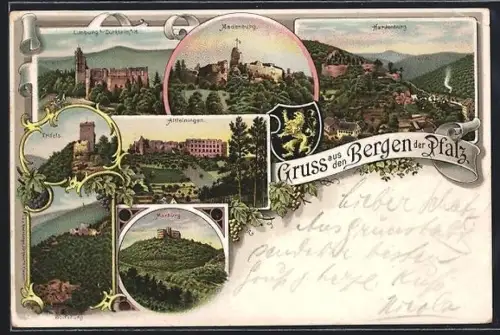 Lithographie Bad Dürkheim, Kloster Limburg, Madenburg, Trifels, Burg Neuscharfeneck, Wolfsburg, Burg Landeck, Burgruinen