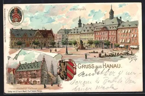 Lithographie Hanau, Marktplatz mit Rathaus und Stadtwappen