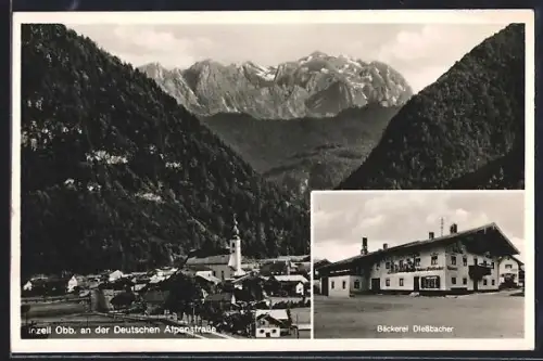 AK Inzell /Obb., Bäckerei Diessbacher, Teilansicht mit Kirche
