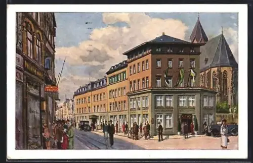 Künstler-AK Köln, Urbans Hotel Ewige Lampe mit Kirche