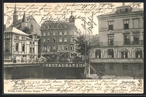 AK Siegen, Siegbrücke mit Restaurant, Conditorei und Cafe Sommer