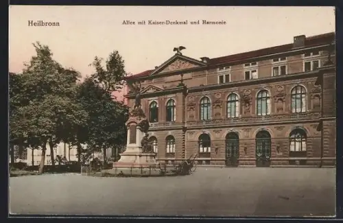 AK Heilbronn, Allee mit Kaiser-Denkmal und Harmonie