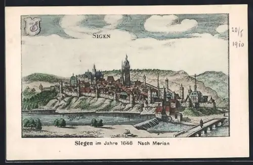AK Siegen, Stadtansicht im Jahre 1646 nach Merian