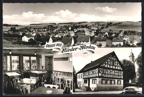 AK Nieder-Modau /Odw., Gasthaus zur Krone, Inh. Rudolf Schaller, Ortsansicht, Fachwerkhaus