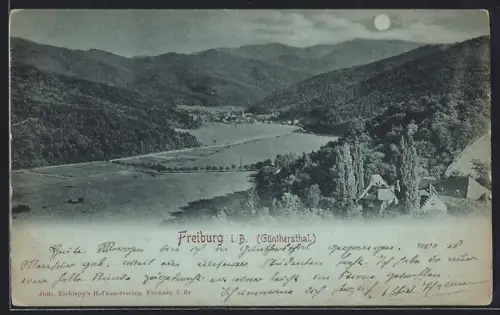 Mondschein-AK Freiburg i. B., Talansicht im Vollmondlicht