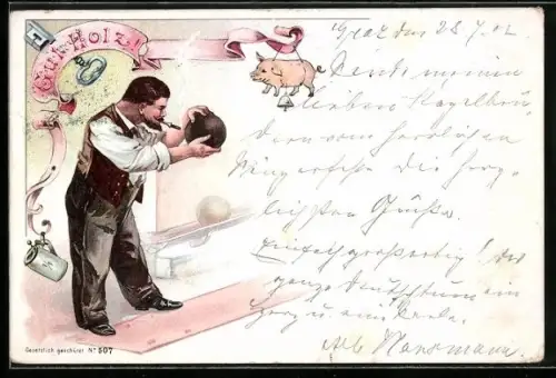 AK Rauchender Mann beim Kegeln