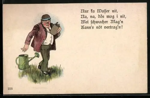AK Betrunkener läuft an einer Giesskanne vorbei, Trinkerhumor, früher Druck
