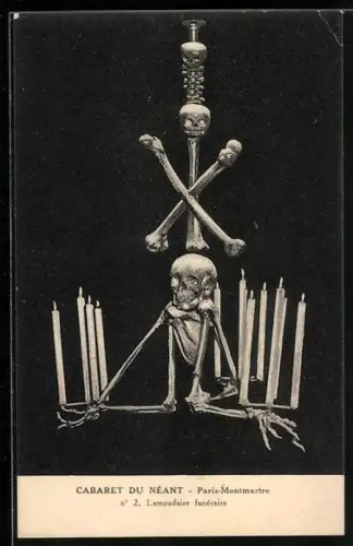 AK Paris-Montmartre, Cabaret du Neant, Lampadaire funeraire, Tod, Leuchter aus Totenkopf u. Knochen, Kuriosa