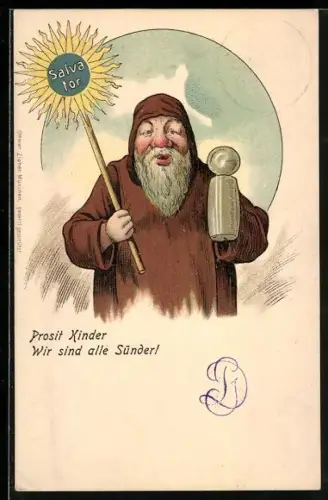 Lithographie München, Gasthaus Salvator, Älterer Mönch mit Bierkrug