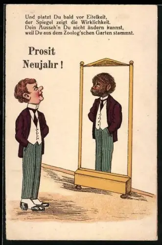 AK Spiegel zeigt einen Mann als Affen, vermenschlichte Tiere