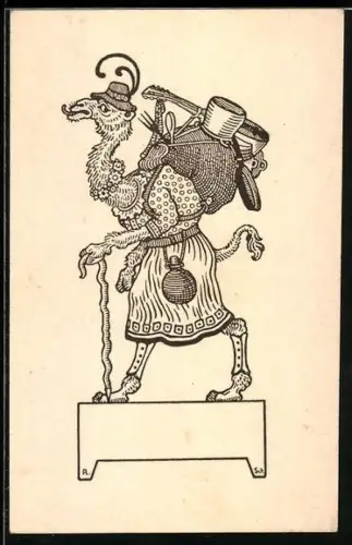 AK Kamel mit Wanderrucksack, vermenschlichte Tiere, Camping