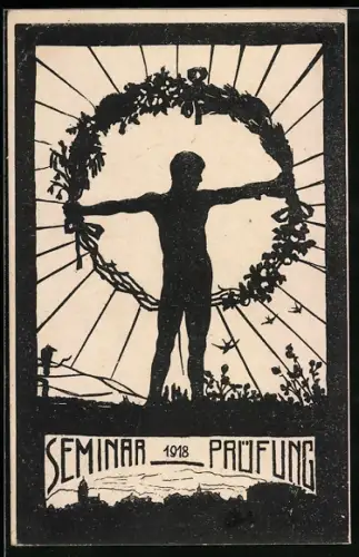 AK Schattenbild, Absolvia Seminar 1918, Student mit Kranz
