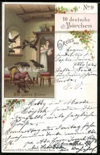 Lithographie Deutsche Märchen, Frau und Zweg in Die sieben Raben