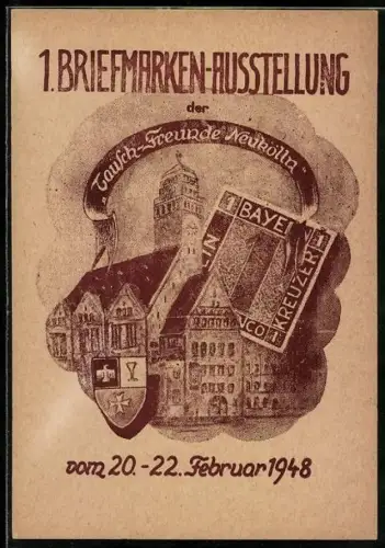 Künstler-AK Neukölln, 1. Briefmarken-Ausstellung Tausch-Freunde-Neukölln 1948, Rathaus mit Briefmarke von Bayern