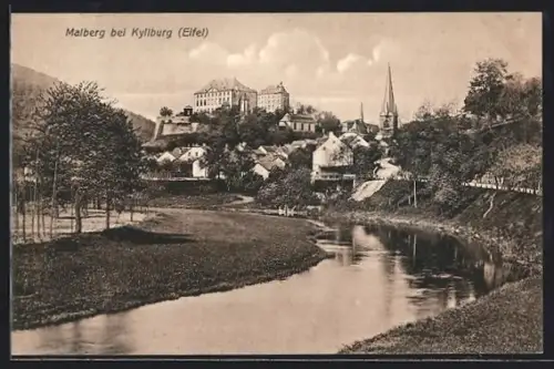 AK Malberg bei Kyllburg, Schloss, Kirche, Ortsansicht mit Flusspartie