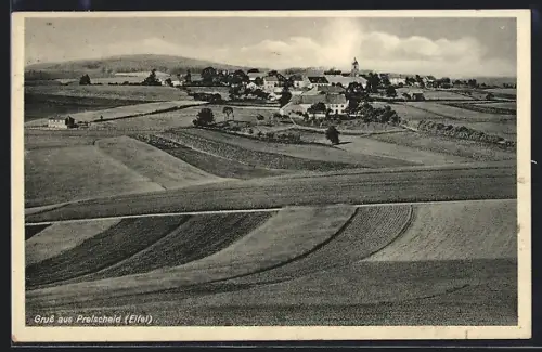AK Preischeid /Eifel, Ortsansicht mit Feldern und Kirche aus der Vogelschau