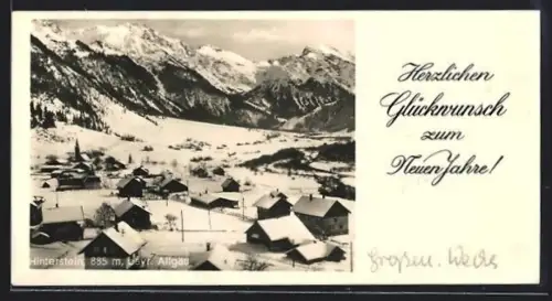 Mini-AK Hinterstein /Allgäu, Winterliche Ortsansicht, Neujahrsgruss