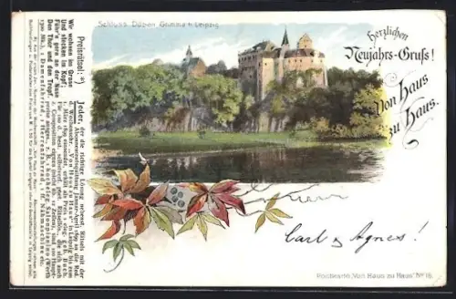 Künstler-AK Grimma, Schloss Döben, Preisrätsel, Neujahrsgruss