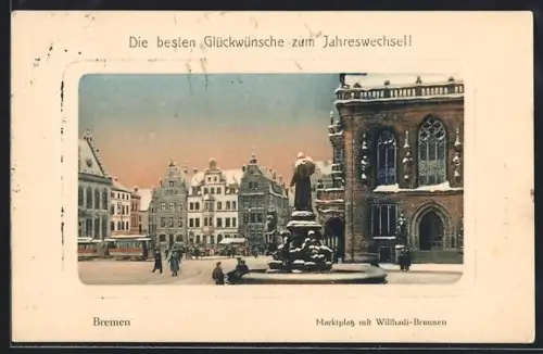 AK Bremen, Marktplatz mit Willhadi-Brunnen im Winter, Strassenbahn