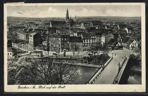 AK Zwickau i. S., Blick auf die Stadt aus der Vogelschau, mit Brücke