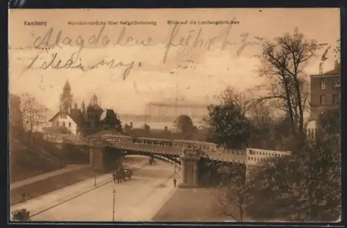 AK Hamburg-St.Pauli, Hochbahnbrücke über Helgoländerweg, Blick auf die Landungsbrücken
