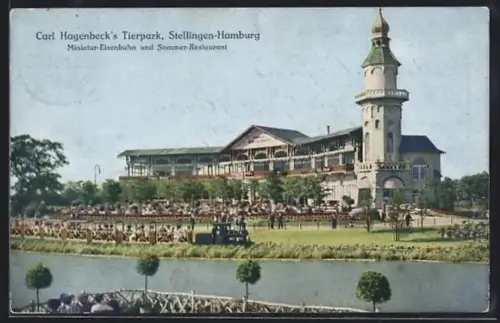 AK Stellingen-Hamburg, Carl Hagenbeck`s Tierpark, Miniatur-Eisenbahn, Sommer-Restaurant