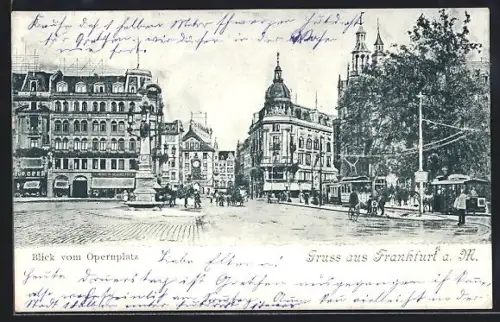 AK Frankfurt a. M., Blick vom Opernplatz, mit Denkmal u. Strasenbahnen, Strassenbahn