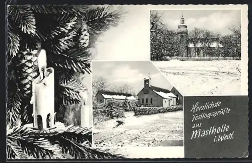 AK Mastholte i. Westf., Kirche, Winterlandschaft, Festtagsgrüsse