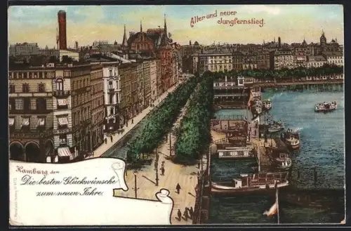 Lithographie Hamburg-Neustadt, Alter und neuer Jungfernstieg, Neujahrsgruss
