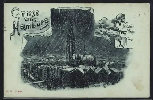 AK Hamburg, Nicolai-Kirche im Winter