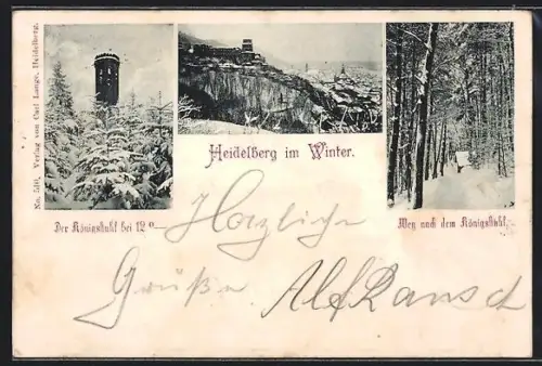 AK Heidelberg, Schloss, Königstuhl, Weg nach dem Königstuhl, Winteransichten