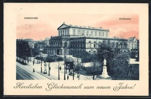 AK Hannover, Hoftheater im Winter aus der Vogelschau, Neujahrsgruss