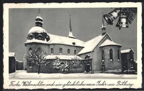 AK Bitburg, Verschneite Kirche, Weihnachts-u. Neujahrsgruss