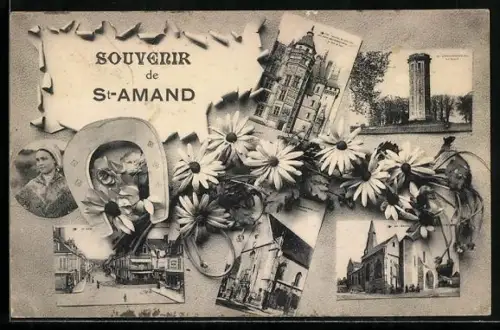 AK St-Amand, Souvenir avec collages de monuments et fleurs
